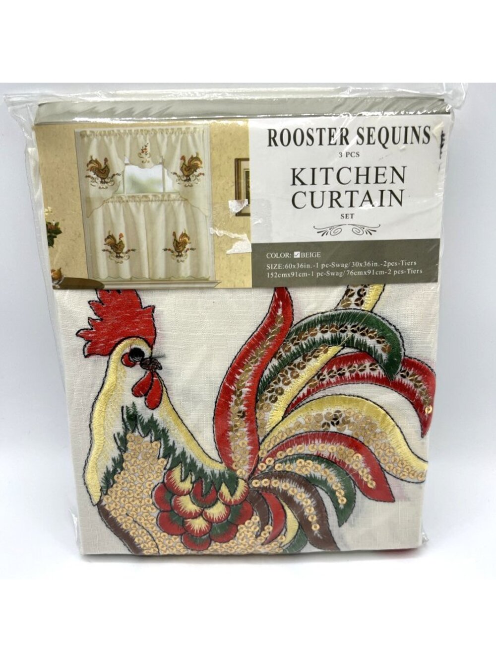 Rooster Sequins Kitchen Curtains 3 Piece Swag Tiers Farmhouse